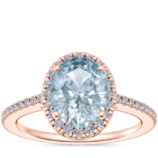 Classic Halo Diamond Engagement Ring with Oval Aquamarine in 14k Rose Gold (9x7mm)
