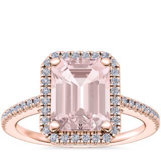 Classic Halo Diamond Engagement Ring with Emerald-Cut Morganite in 14k Rose Gold (9x7mm)