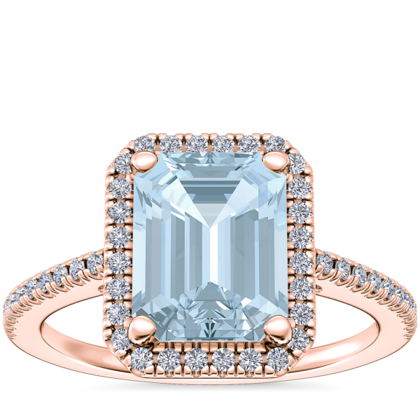 Classic Halo Diamond Engagement Ring with Emerald-Cut Aquamarine in 14k Rose Gold (9x7mm)