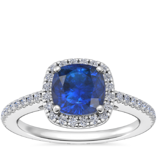Classic Halo Diamond Engagement Ring with Cushion Sapphire in Platinum (6mm)