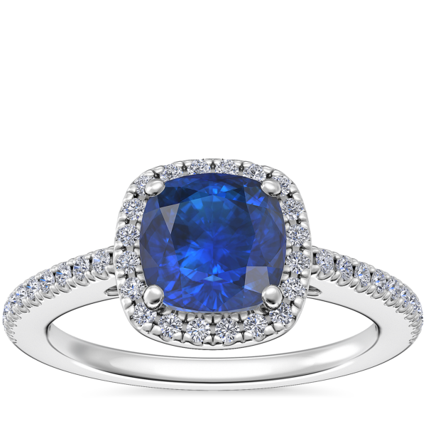 Classic Halo Diamond Engagement Ring with Cushion Sapphire in Platinum (6mm)
