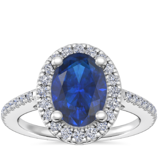 Classic Halo Diamond Engagement Ring with Oval Sapphire in Platinum (7x5mm)