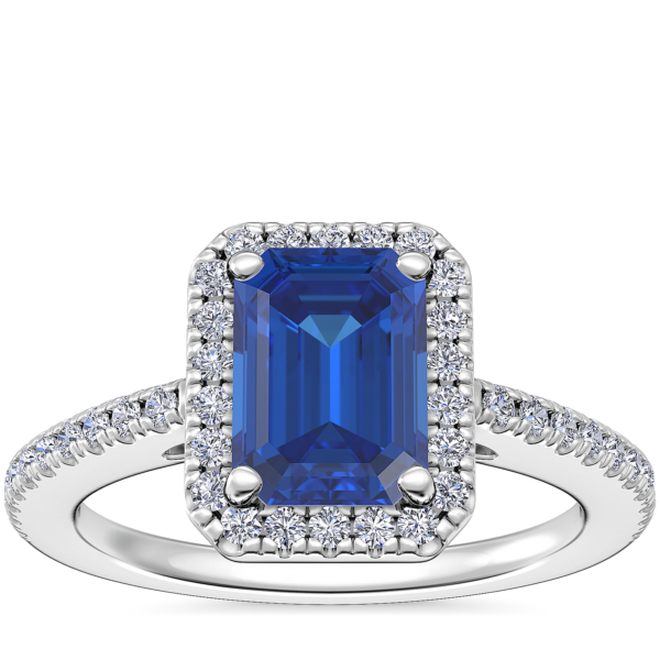 Classic Halo Diamond Engagement Ring with Emerald-Cut Sapphire in Platinum (7x5mm)