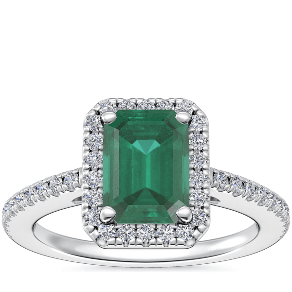 Classic Halo Diamond Engagement Ring with Emerald-Cut Emerald in Platinum (7x5mm)