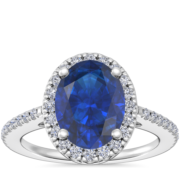 Classic Halo Diamond Engagement Ring with Oval Sapphire in Platinum (8x6mm)
