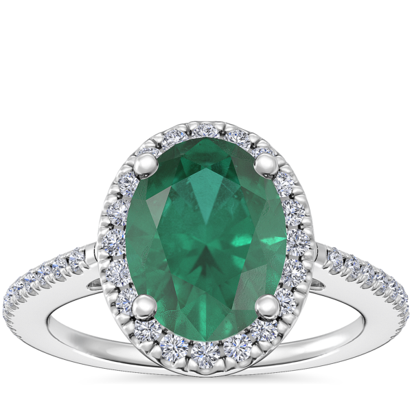 Classic Halo Diamond Engagement Ring with Oval Emerald in Platinum (8x6mm)