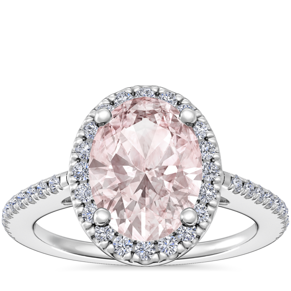 Classic Halo Diamond Engagement Ring with Oval Morganite in Platinum (8x6mm)