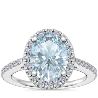 Classic Halo Diamond Engagement Ring with Oval Aquamarine in Platinum (8x6mm)