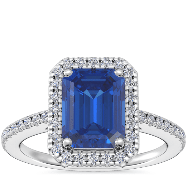Classic Halo Diamond Engagement Ring with Emerald-Cut Sapphire in Platinum (8x6mm)