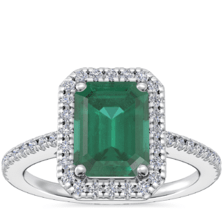 Classic Halo Diamond Engagement Ring with Emerald-Cut Emerald in Platinum (8x6mm)