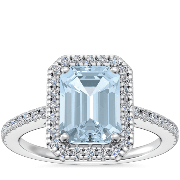 Classic Halo Diamond Engagement Ring with Emerald-Cut Aquamarine in Platinum (8x6mm)