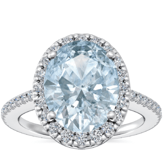 Classic Halo Diamond Engagement Ring with Oval Aquamarine in Platinum (9x7mm)