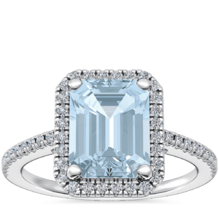 Classic Halo Diamond Engagement Ring with Emerald-Cut Aquamarine in Platinum (9x7mm)