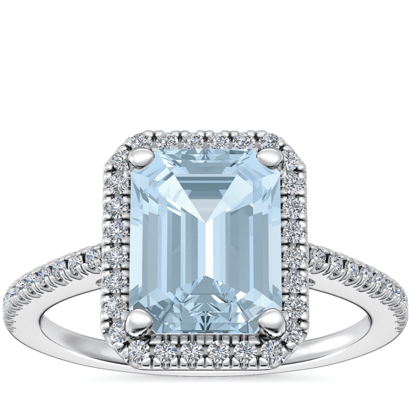 Classic Halo Diamond Engagement Ring with Emerald-Cut Aquamarine in Platinum (9x7mm)