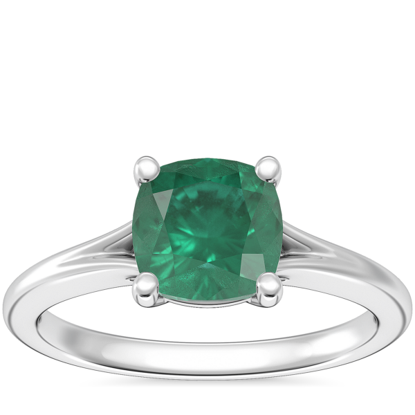 Petite Split Shank Solitaire Engagement Ring with Cushion Emerald in 14k White Gold (6.5mm)