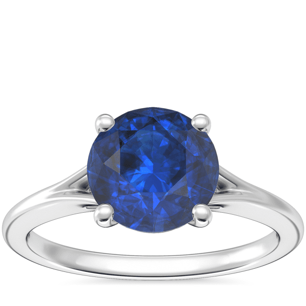 Petite Split Shank Solitaire Engagement Ring with Round Sapphire in 14k White Gold (8mm)
