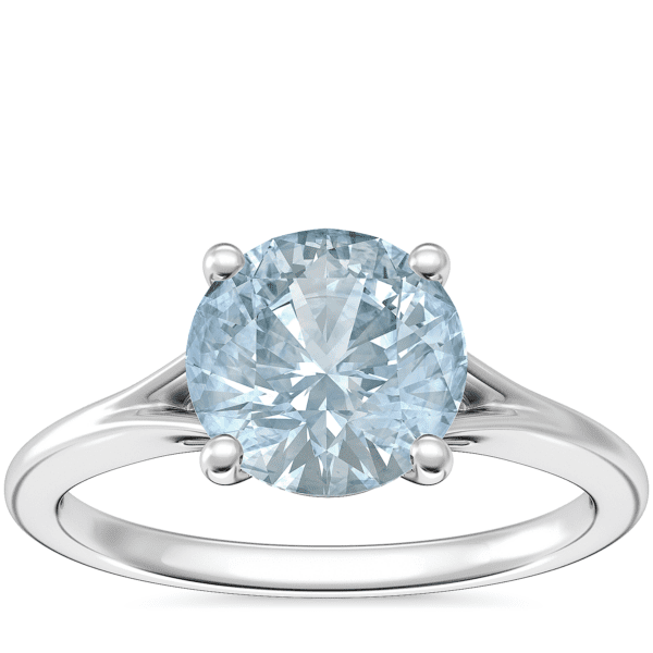 Petite Split Shank Solitaire Engagement Ring with Round Aquamarine in 14k White Gold (8mm)