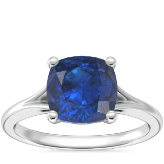 Petite Split Shank Solitaire Engagement Ring with Cushion Sapphire in 14k White Gold (8mm)
