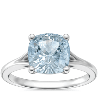 Petite Split Shank Solitaire Engagement Ring with Cushion Aquamarine in 14k White Gold (8mm)