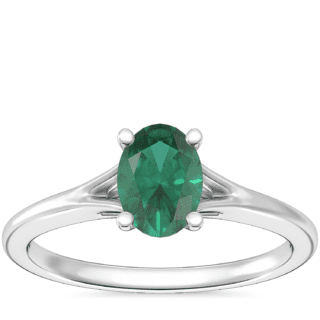 Petite Split Shank Solitaire Engagement Ring with Oval Emerald in 14k White Gold (7x5mm)