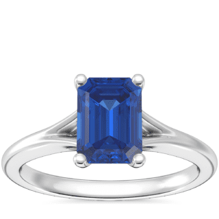 Petite Split Shank Solitaire Engagement Ring with Emerald-Cut Sapphire in 14k White Gold (7x5mm)