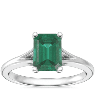 Petite Split Shank Solitaire Engagement Ring with Emerald-Cut Emerald in 14k White Gold (7x5mm)