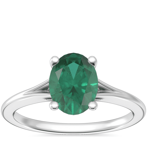 Petite Split Shank Solitaire Engagement Ring with Oval Emerald in 14k White Gold (8x6mm)