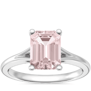 Petite Split Shank Solitaire Engagement Ring with Emerald-Cut Morganite in 14k White Gold (8x6mm)