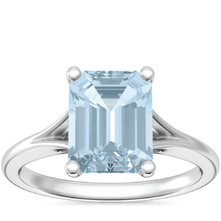 Petite Split Shank Solitaire Engagement Ring with Emerald-Cut Aquamarine in 14k White Gold (9x7mm)