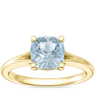 Petite Split Shank Solitaire Engagement Ring with Cushion Aquamarine in 14k Yellow Gold (6.5mm)