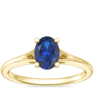 Petite Split Shank Solitaire Engagement Ring with Oval Sapphire in 14k Yellow Gold (7x5mm)