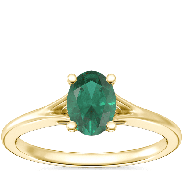 Petite Split Shank Solitaire Engagement Ring with Oval Emerald in 14k Yellow Gold (7x5mm)