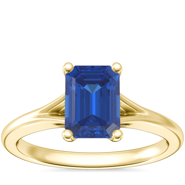 Petite Split Shank Solitaire Engagement Ring with Emerald-Cut Sapphire in 14k Yellow Gold (7x5mm)