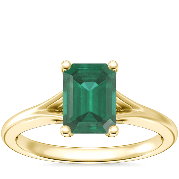 Petite Split Shank Solitaire Engagement Ring with Emerald-Cut Emerald in 14k Yellow Gold (7x5mm)