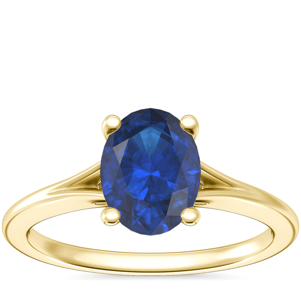Petite Split Shank Solitaire Engagement Ring with Oval Sapphire in 14k Yellow Gold (8x6mm)