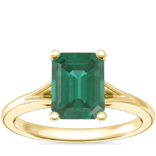 Petite Split Shank Solitaire Engagement Ring with Emerald-Cut Emerald in 14k Yellow Gold (8x6mm)