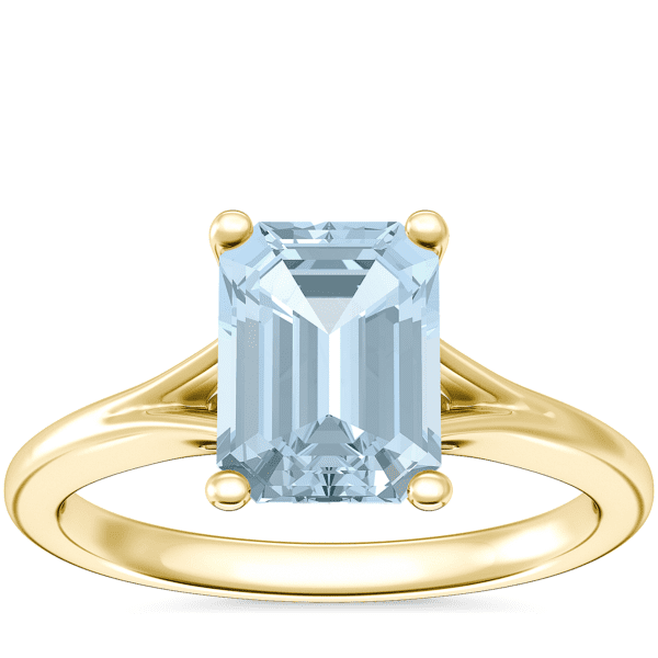 Petite Split Shank Solitaire Engagement Ring with Emerald-Cut Aquamarine in 14k Yellow Gold (8x6mm)