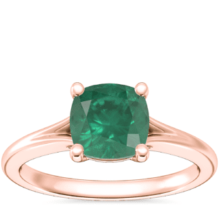 Petite Split Shank Solitaire Engagement Ring with Cushion Emerald in 14k Rose Gold (6.5mm)