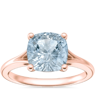 Petite Split Shank Solitaire Engagement Ring with Cushion Aquamarine in 14k Rose Gold (8mm)