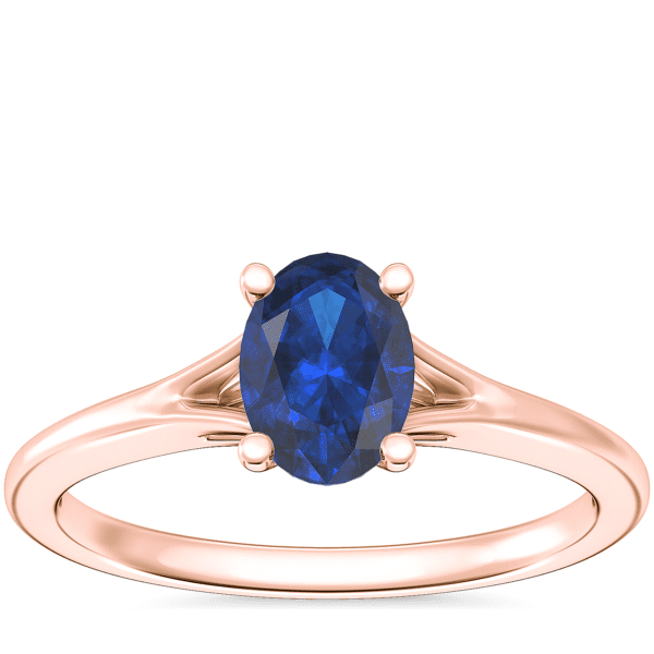 Petite Split Shank Solitaire Engagement Ring with Oval Sapphire in 14k Rose Gold (7x5mm)