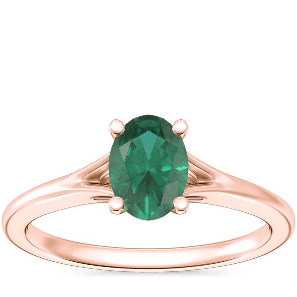 Petite Split Shank Solitaire Engagement Ring with Oval Emerald in 14k Rose Gold (7x5mm)