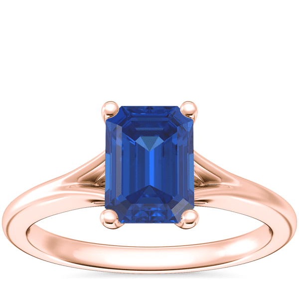 Petite Split Shank Solitaire Engagement Ring with Emerald-Cut Sapphire in 14k Rose Gold (7x5mm)
