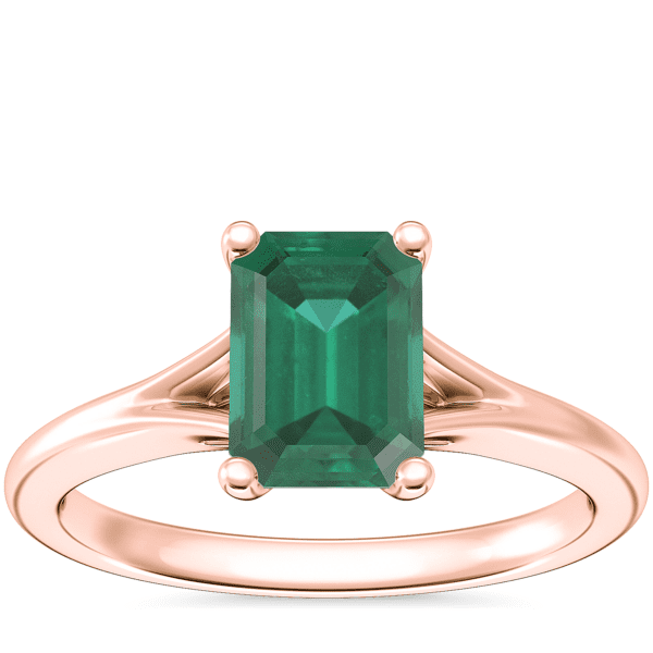 Petite Split Shank Solitaire Engagement Ring with Emerald-Cut Emerald in 14k Rose Gold (7x5mm)