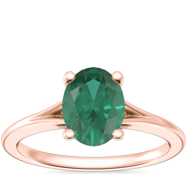 Petite Split Shank Solitaire Engagement Ring with Oval Emerald in 14k Rose Gold (8x6mm)