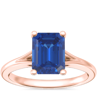 Petite Split Shank Solitaire Engagement Ring with Emerald-Cut Sapphire in 14k Rose Gold (8x6mm)