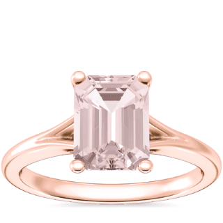Petite Split Shank Solitaire Engagement Ring with Emerald-Cut Morganite in 14k Rose Gold (8x6mm)