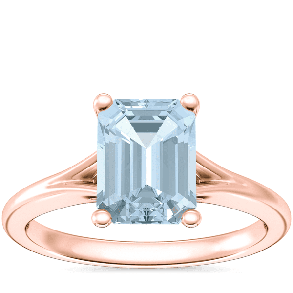 Petite Split Shank Solitaire Engagement Ring with Emerald-Cut Aquamarine in 14k Rose Gold (8x6mm)
