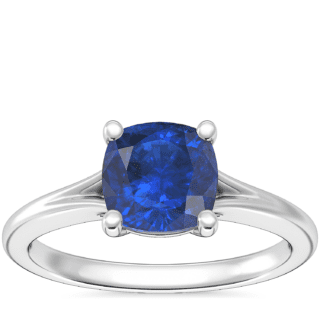 Petite Split Shank Solitaire Engagement Ring with Cushion Sapphire in 18k White Gold (6mm)