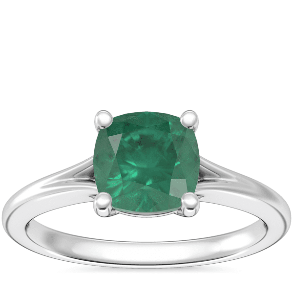Petite Split Shank Solitaire Engagement Ring with Cushion Emerald in 18k White Gold (6.5mm)