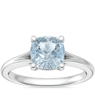 Petite Split Shank Solitaire Engagement Ring with Cushion Aquamarine in 18k White Gold (6.5mm)